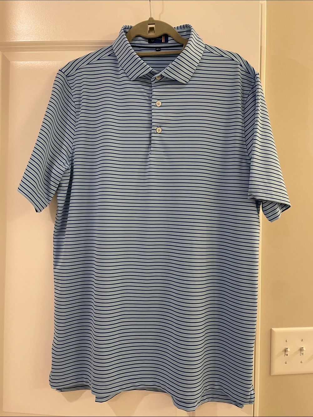 Men's Light Blue and Navy Striped Performance Polo